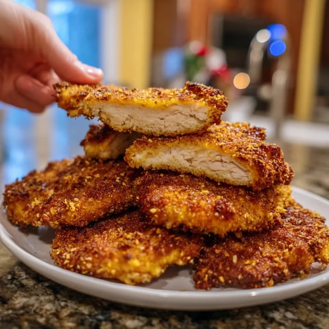 Eine Person hält eine Platte mit Pretzel-Crusted Chicken Cutlets.