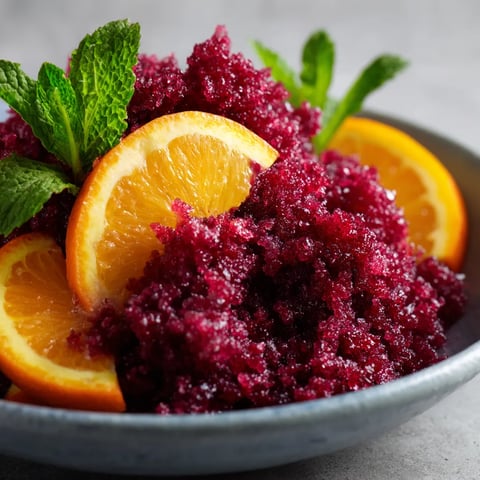 Ein Glas mit frisch zerkrümeltem Obst, darunter Orangensaft, Mint und eine rote Zuckersubstanz, die als Light Mulled Wine Granita bezeichnet wird.