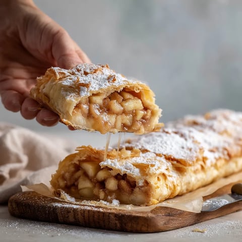 Ein Handriss mit einer Apple Strudel, die mit Zitronenschalen zubereitet wurde.