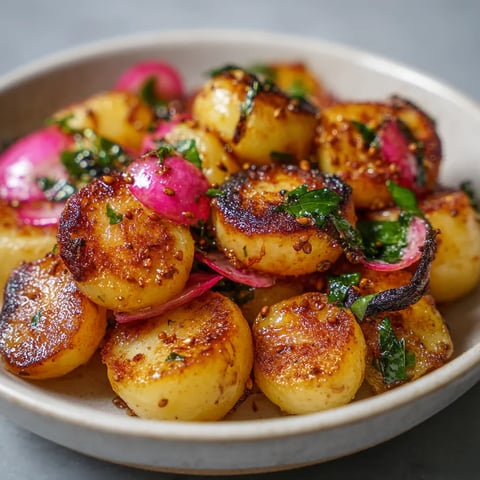 Ein weißer Teller mit roten Radishes, die mit Caraway-Samen garniert sind.