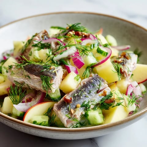 Ein Schüssel mit Matjes Herring Salat, der mit Apples und Dill zubereitet wurde.