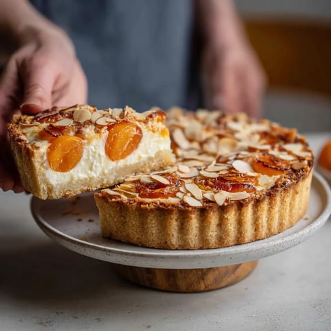 Ein Quarktart mit einer Almondkruste und einer Apricot-Topping.