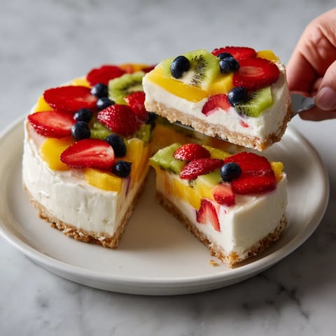 Eine Torte mit frischem Obst, darunter Strawberries, Blueberries und Kiwis, wird von einer Hand gegriffen.