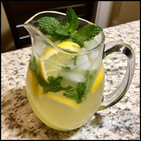 Ein Glas Elderflower Lemonade mit Mint auf einem Tisch.