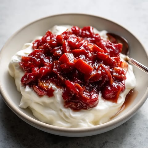 Ein weißer Teller mit einer Kompote aus Rhubarb und Vanilla Quark.