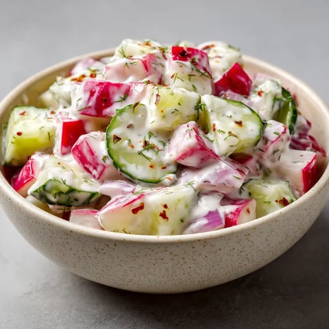 Ein Glas mit einer Mischung aus Radish und Kucumber Yogurt Salat.
