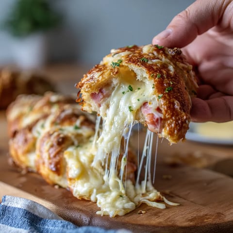 Ein Handgelenk, das eine Mini-Pretzel mit Käse und Zwiebeln hält.