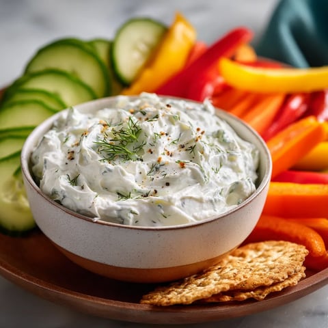 Ein Becher mit einer cremigen Mischung aus Käse und Zwiebeln, die mit verschiedenen Gemüsearten wie Karotten, Paprika und Zucchini garniert sind.