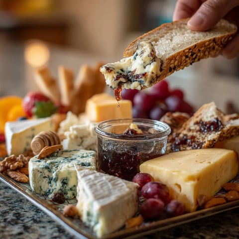 Eine Platter mit verschiedenen Käsearten und einer Sauce, die als Dip oder als Brotaufstrich verwendet werden kann.