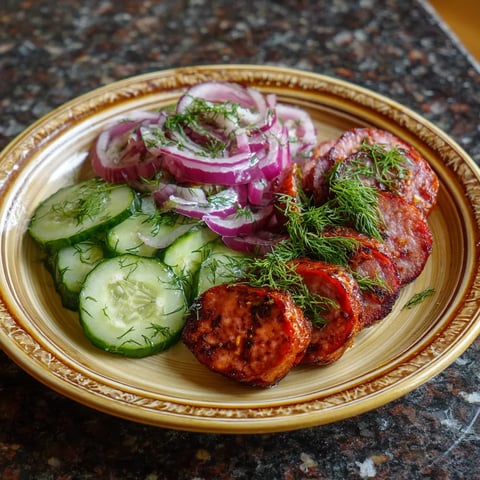 Ein Plate mit kalter Wurst in Scheiben und einer Salat aus Zucchini.