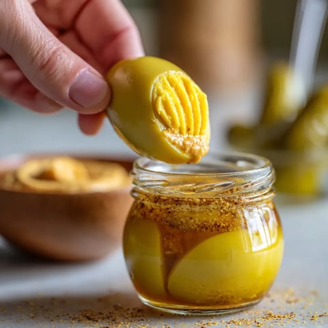 Ein Handgelenk, das eine Schale mit Pickled Eggs und Mustard Dip hält.
