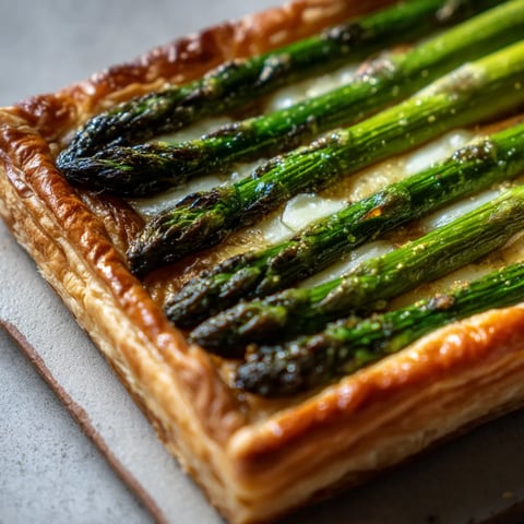 Ein Asparagus Tart mit Puff Pastry auf einem Teller.