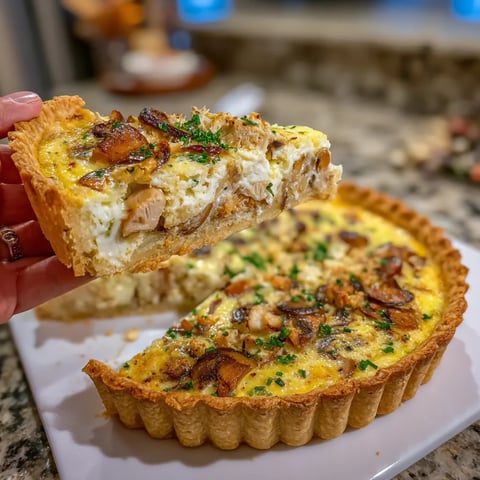 Eine Person hält eine halbe Quiche mit Hähnchen, Pilz und Brie in der Hand.