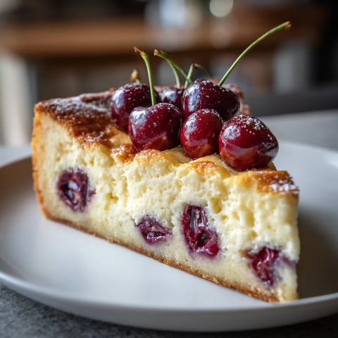 Ein Käsekuchen mit Kirschen auf einem weißen Teller.