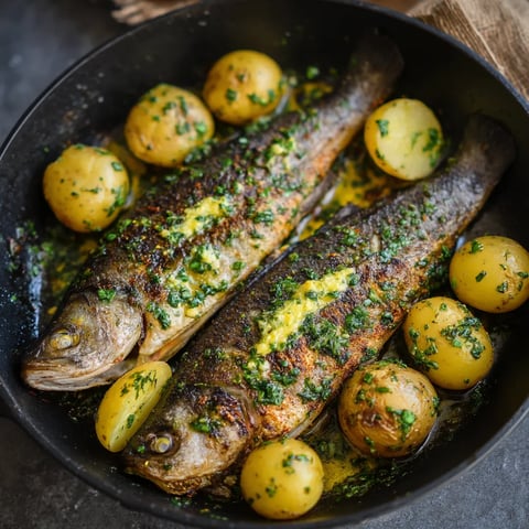 Ein Pan mit gegrilltem Trout und Kartoffeln.