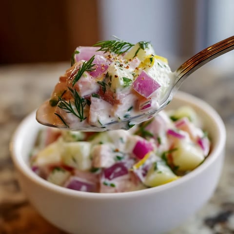Ein Bogen aus Messing, der eine Garnitur aus Apfel, Zwiebel und Salat enthält.