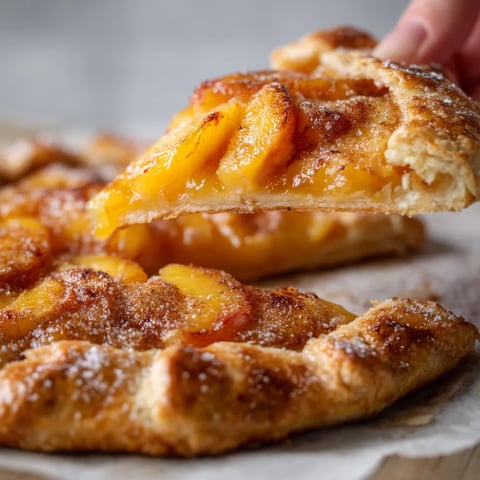 Eine Galette mit Pfirsich und Blätterteig auf einem Teller.