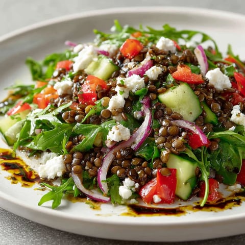 Ein sommerlicher Linsensalat mit Feta und Rucola auf einem weißen Teller.