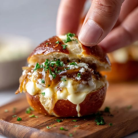 Ein kleines Pretzel-Brot mit Käse, Zwiebeln und Senf.