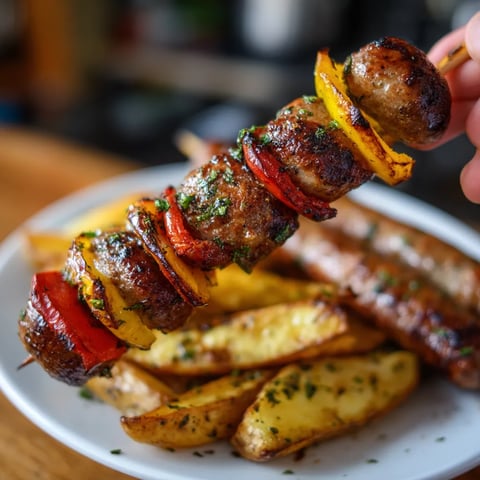 Eine Platte mit Charcoal-Grilled Sausage Skewers und Herbed Potato Wedge.