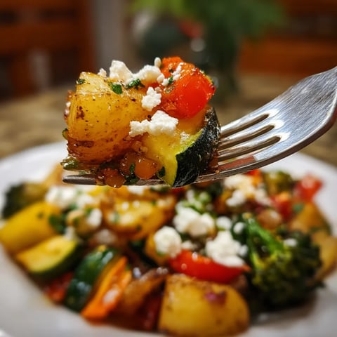 Eine Schüssel mit Gemüse, darunter Kartoffeln, Zucchini, Paprika und Brokkoli, garniert mit Feta-Käse.
