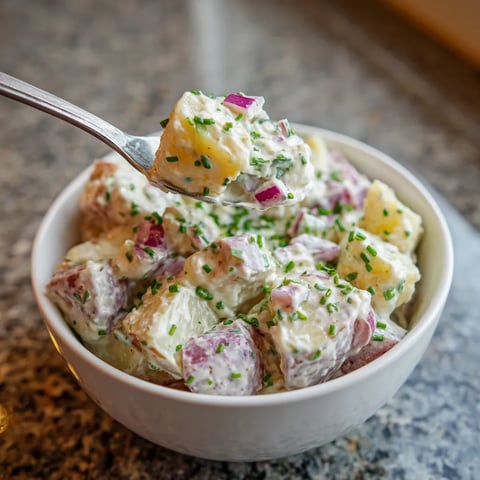 Ein weißer Kartoffelsalat in einem weißen Behälter.