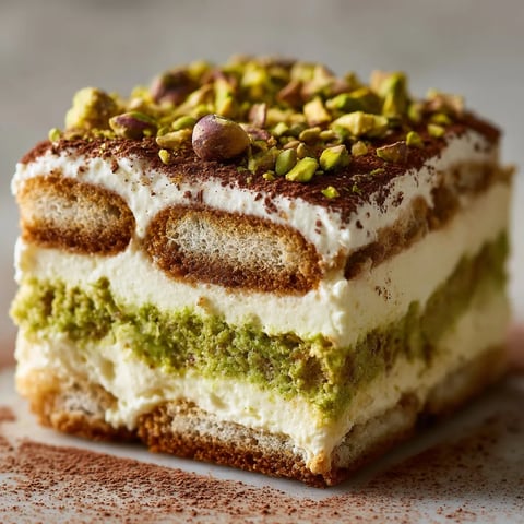 Ein Pistachio Tiramisu mit einer Schicht aus Pistazien, Vanille und Kokosmilch.