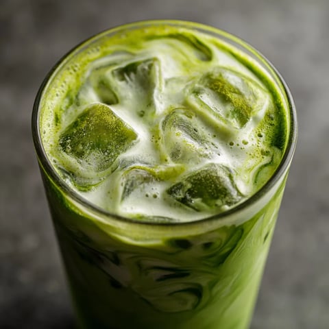 Ein Glas mit Iced Matcha Latte.