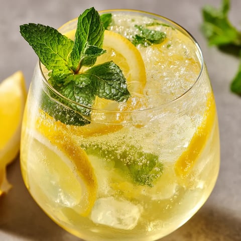 Ein Glas Limoncello Spritz mit Zitronen und Mint.