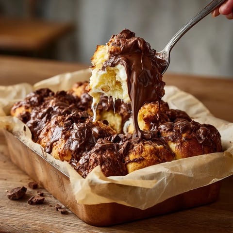 Ein großes Schokobrötchen Pull-Apart Loaf mit Schokoladenglasur wird mit einer Gabel in den Schokobrötchen gerissen.