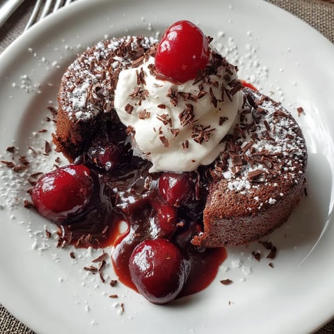 Eine Platte mit einem schwarzen Forest Lava Cake, der mit Schokoladenglasur und Cherry-Topping garniert ist.