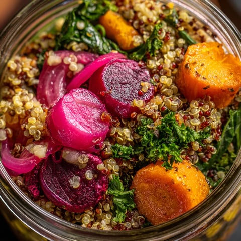 Ein Glas mit Quinoa Sauerbraten Salat.