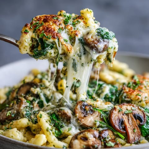 Ein Skillet mit Spätzle, die mit Wild Garlic und Vegan Cheese-Pull zubereitet sind.