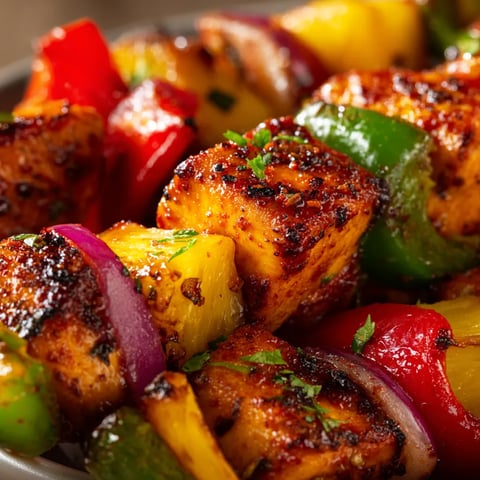 Ein Schüssel mit grilled Chicken-Pineapple Skewers.