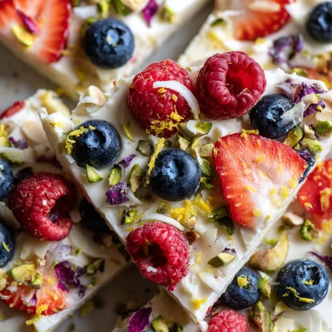 Eine Tafel mit drei Stücken Eiscreme, die mit Raspberry, Blueberry und Strawberry geschmückt sind.