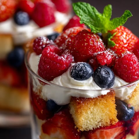 Ein Glas mit Berry Trifle Cups, die aus Strawberries, Blueberries und Cream bestehen.