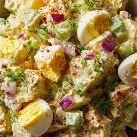 Ein Bild von einer Salatgarnitur, die aus Kartoffeln, Eiern, Zwiebeln und anderen Zutaten besteht.