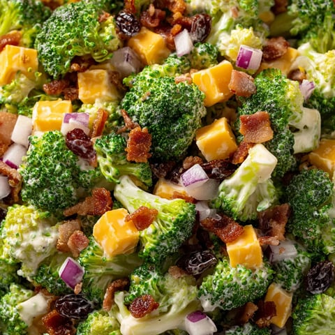 Ein Bild von einer Amish Broccoli Salat, die mit Bacon, Käse und Zwiebeln zubereitet wurde.