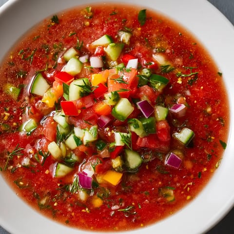 Ein Glas mit einer Mischung aus Gemüse, Tomaten und Zwiebeln, die als Gazpacho bezeichnet wird.