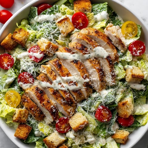 Ein weißer Becher mit einer Salatgarnitur, die aus Grilled Chicken, Tomaten, Lettuce, Croutons und Parmesan Cheese besteht.
