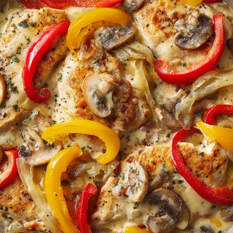 Eine creamy onion chicken bake mit bell peppers.