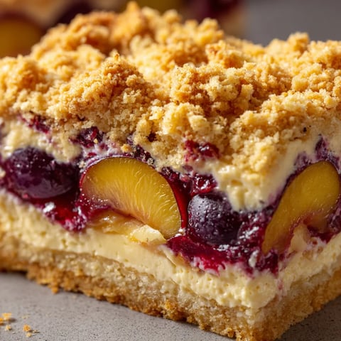 Ein Plum Streusel Cake mit Quark (German Cheesecake Style) auf einer Platte.