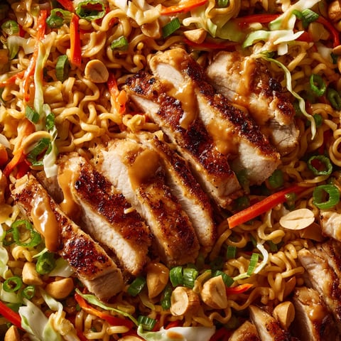 Ein Bild von einer Yum Yum Noodle Salat mit gebratenem Hühnchen und einer Pistazien-Dressing.