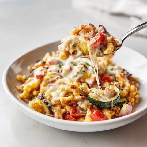 Ein weißer Teller mit Käsespätzle aux Légumes Rôtis de Saison.