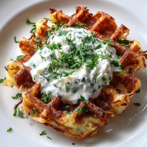 Ein waffelartiges Gericht mit Kartoffeln und Sauce auf einem weißen Teller.