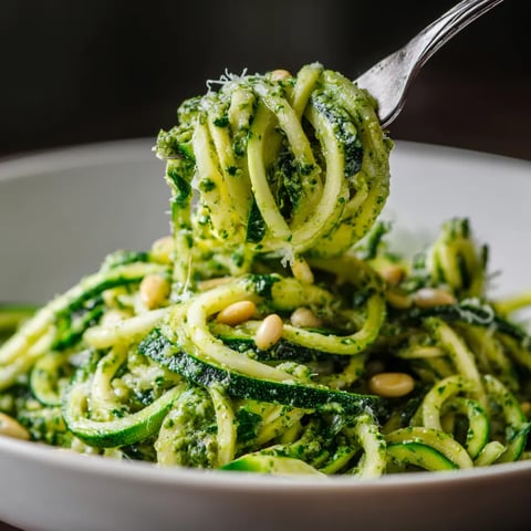 Ein weißer Teller mit grünem Zucchini-Pasta, die mit einer Garnitur aus Zwiebeln, Pistazien und Spinat garniert ist.