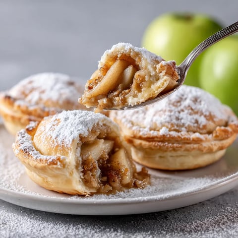 Ein Bratapfel-Törtchen mit Nuss-Marzipan-Füllung wird mit einer Gabel auf einem Teller serviert.