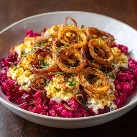Ein Schälchen mit Rote-Bete-Kässpätzle und karamellisierten Zwiebeln.