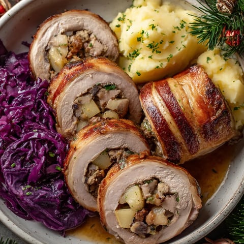 Ein prägnantes Bild, das eine Saumagen mit Maronen und Weihnachtsbier zeigt, ist auf dem Teller.