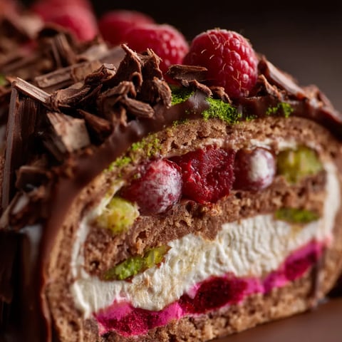 Eine Bûche Glacée de Lebkuchen au Rhum, Insert Framboise-Citron Vert & Glaçage Miroir Cacao Épicé.